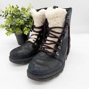 Sorel Lennox Lace Cozy Boots Size 10 Black Waterproof Leather Faux Fur Lug Sole